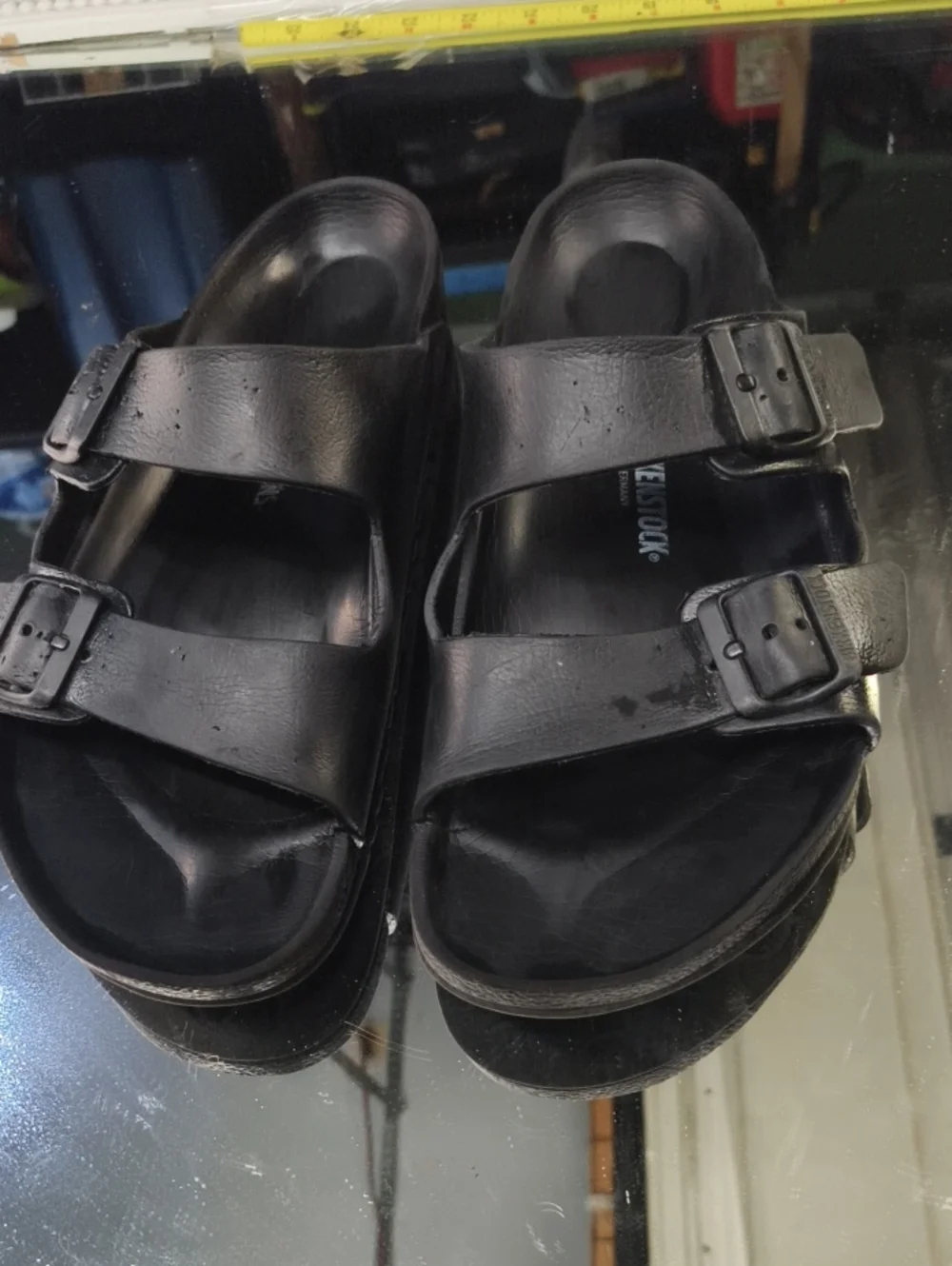Mens 11 black Birkenstock Arizona EVA sandals,  lightweight two-strap Design.